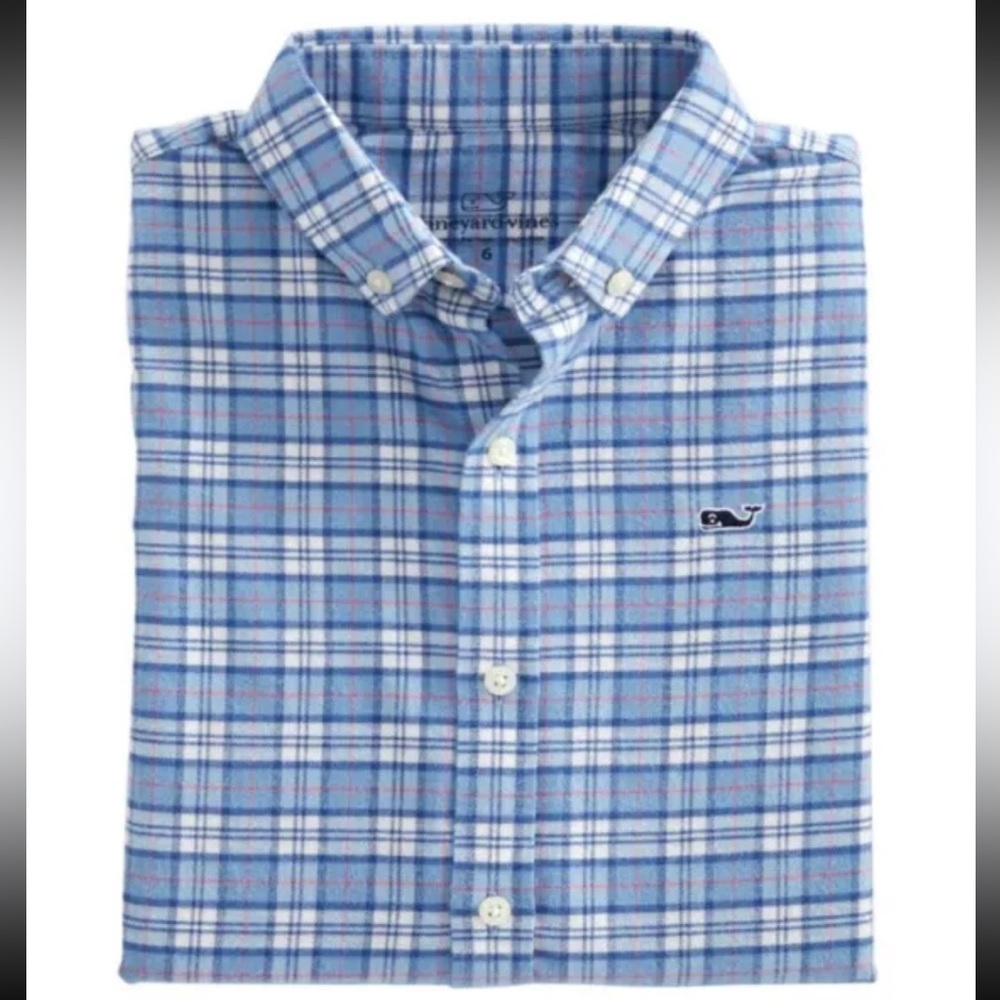 Boys Vineyard Vines Cades Flannel Whale Button-up Shirt Size Medium Blue
